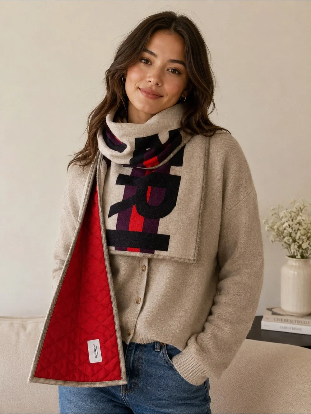 Burberry Red and Beige Quilted Reversible Logo Scarf (unisex)